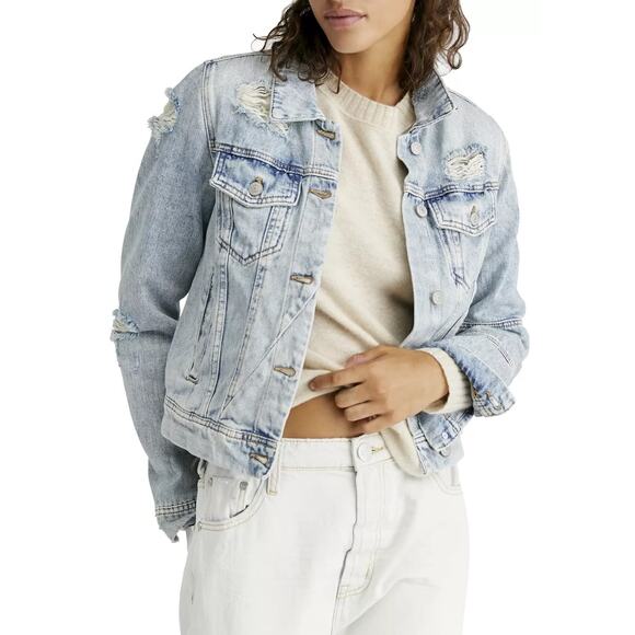 Free People Rumors Lightweight Stretchy Soft Cotton Short Denim Jacket Size M - Picture 1 of 10